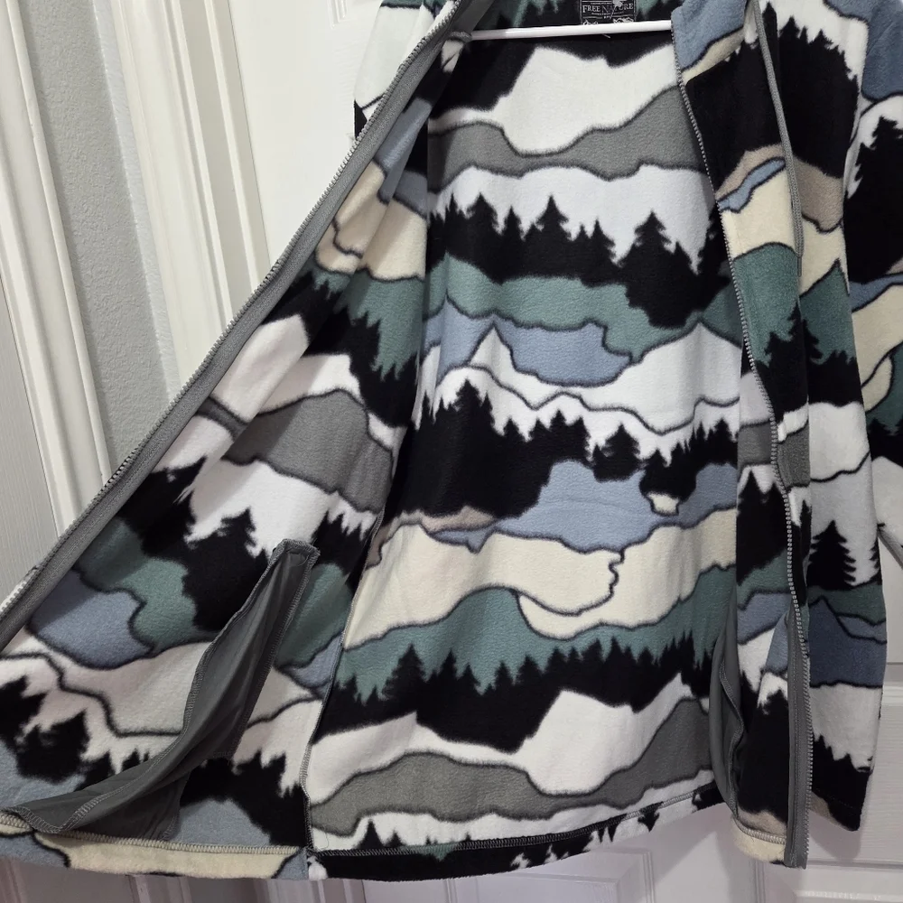 Free Nature Mountain Pattern Full Zip up Polar Fleece Hooded Jacket Size Large